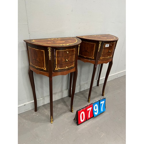 797 - Pair of French inlaid bedside tables with gilt ormolu mounts