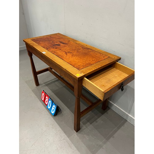 806 - 'Gnome man' adazed oak leather top table/desk with drawer