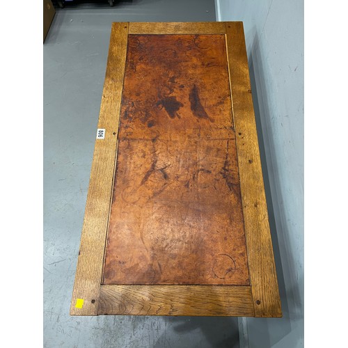 806 - 'Gnome man' adazed oak leather top table/desk with drawer