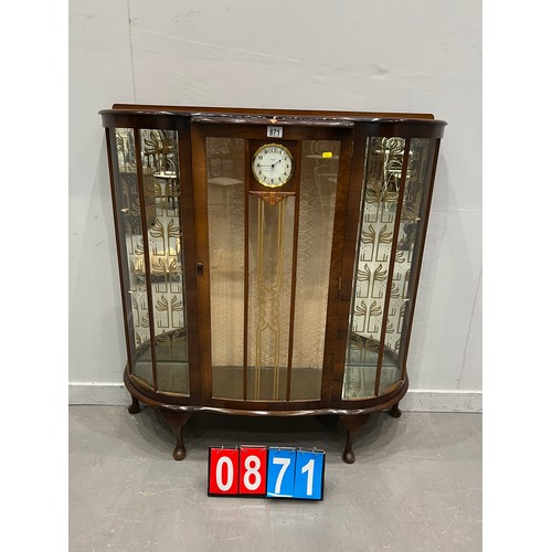 871 - Early 20thC walnut china cabinet with clock in centre