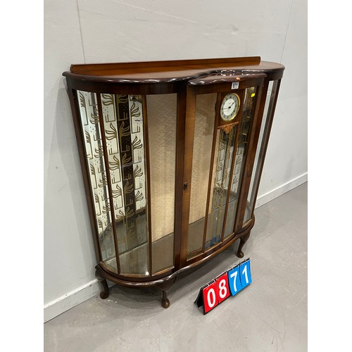 871 - Early 20thC walnut china cabinet with clock in centre