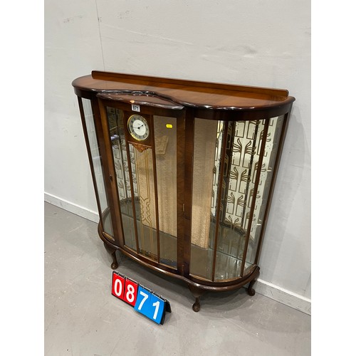 871 - Early 20thC walnut china cabinet with clock in centre