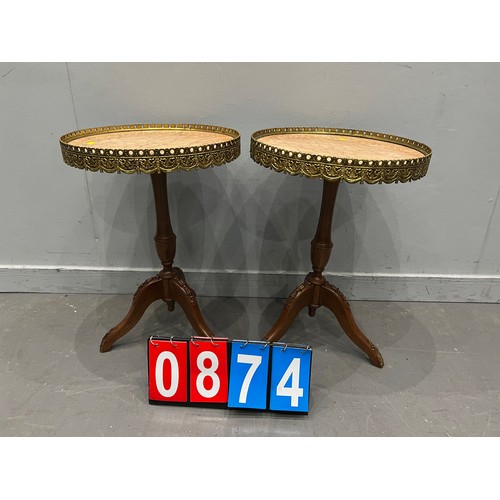 874 - Pair of Victorian style marble top side tables with brass gallery & ornate legs