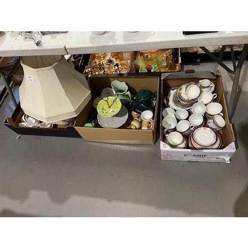 29 - 3 Boxes pottery cake stand, china teaware, lamp etc