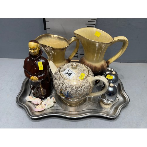 34 - Tray collectables, monk decanter sadler tea pot, pin cushion heads etc