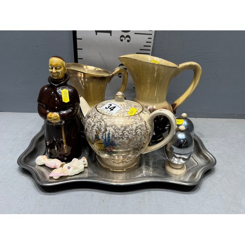 34 - Tray collectables, monk decanter sadler tea pot, pin cushion heads etc