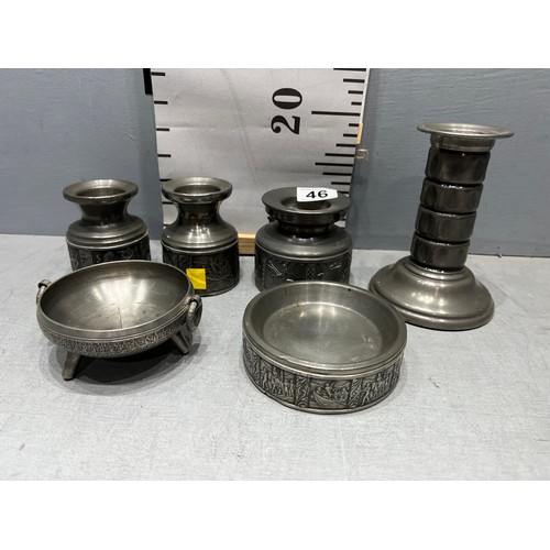 46 - 6 Pieces pewter items 'candlesticks' etc