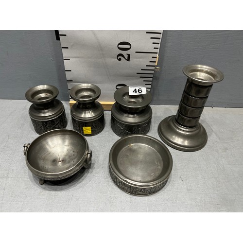 46 - 6 Pieces pewter items 'candlesticks' etc