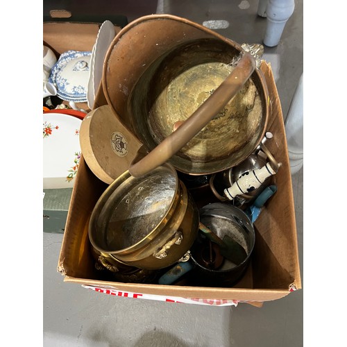 48 - Box victorian brass & copper inc copper helmet scuttle, silver plate , pewter etc