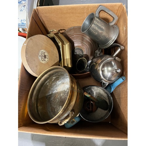 48 - Box victorian brass & copper inc copper helmet scuttle, silver plate , pewter etc