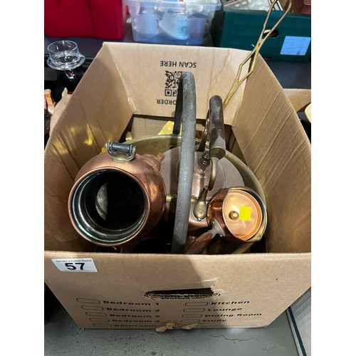 57 - Box brass/ copper items inc victorian brass jam pan etc