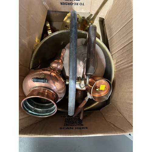 57 - Box brass/ copper items inc victorian brass jam pan etc