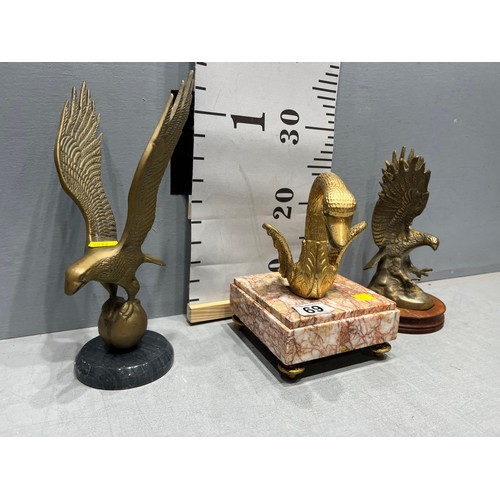 69 - 2 Brass eagles on plinths + french early  brass swan on marble base
