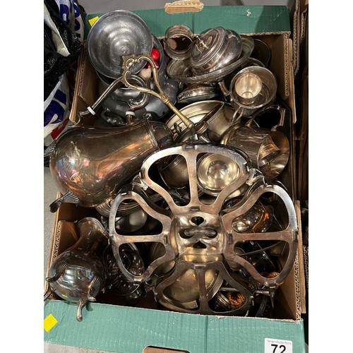 72 - 2 Boxes of good silver plate inc victorian brass ware etc