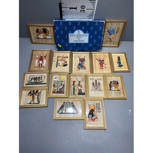 73 - 15 Egyptian pictures in gilt frames + Worcester dish