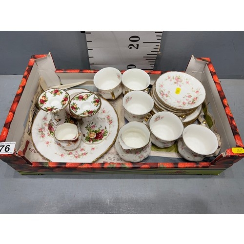 76 - Box paragon china tea ware + royal Albert candle sticks