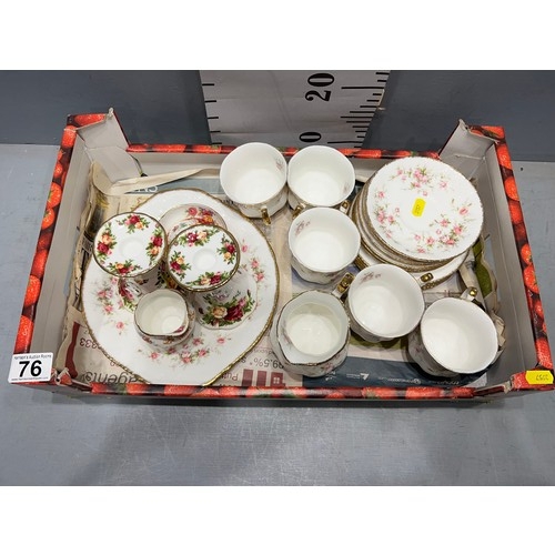 76 - Box paragon china tea ware + royal Albert candle sticks
