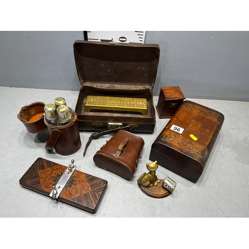 96 - Quantity collectables, binoculars, 3 glass flasks in leather case, Victorian writing box etc