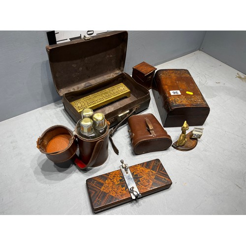 96 - Quantity collectables, binoculars, 3 glass flasks in leather case, Victorian writing box etc