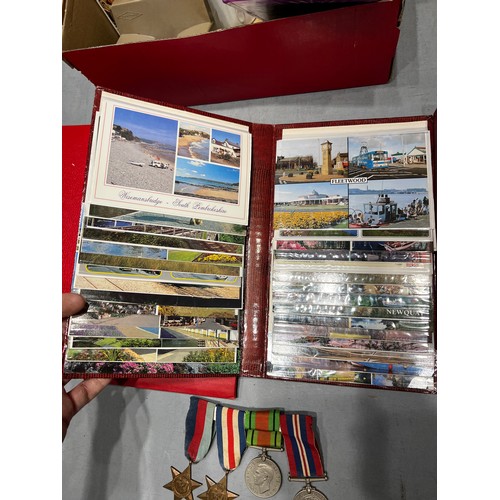 97 - Vintage postcards + box misc collectables inc medals & view master