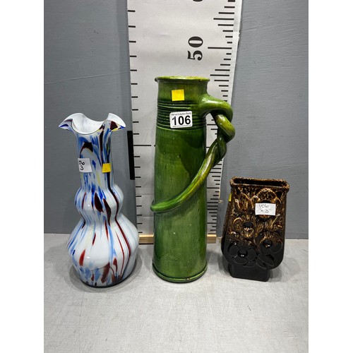 106 - Tall vintage green glazed jug + 60's glass vase + 1 other brown vase