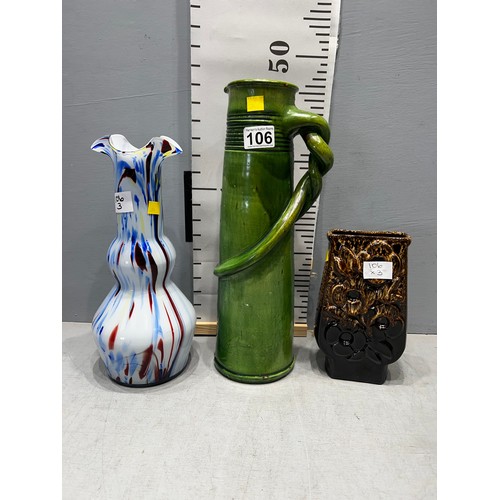 106 - Tall vintage green glazed jug + 60's glass vase + 1 other brown vase