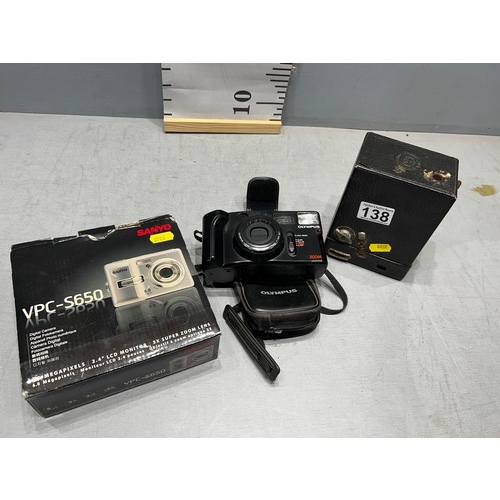 138 - Vintage box camera Sanyo digital camera + olympus camera
