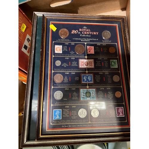 139 - Box collectables. Poole, Royal Albert, framed coins etc