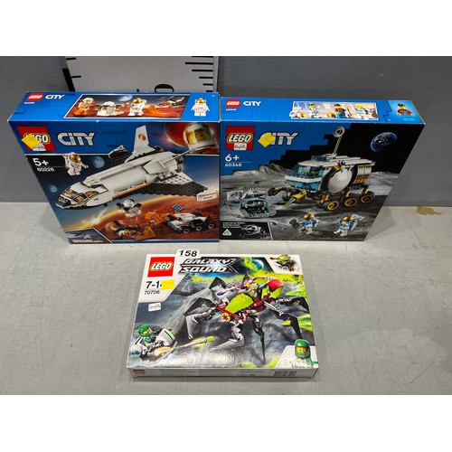 158 - 3 boxed Lego. used but all complete, galaxy squad, Nasacity x2
