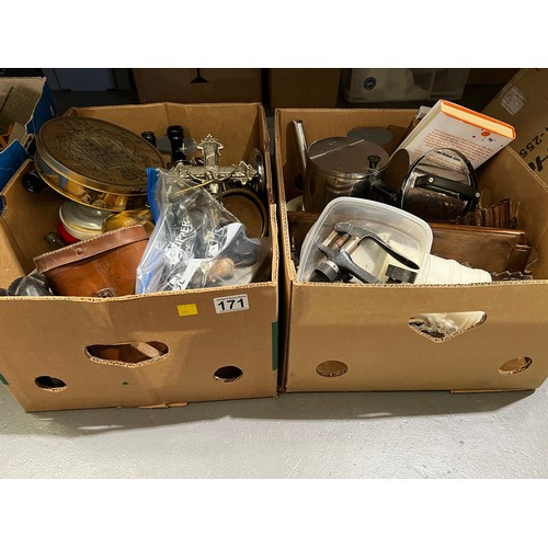171 - 2 good boxes collectables. Binoculars, crucifix, old bottles etc