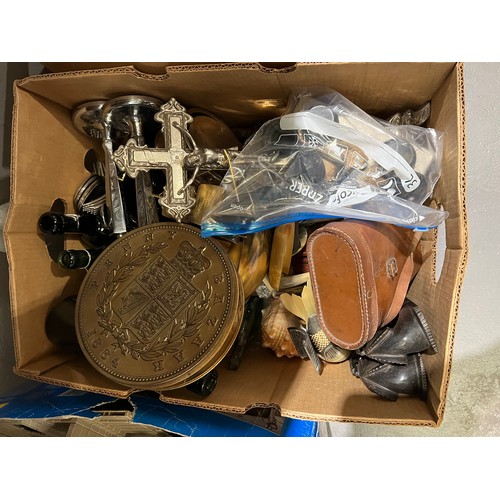 171 - 2 good boxes collectables. Binoculars, crucifix, old bottles etc