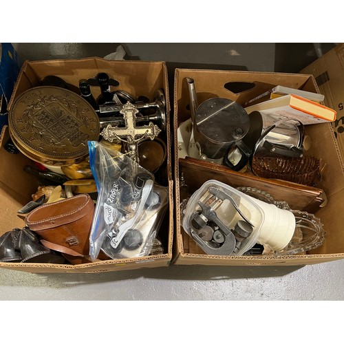 171 - 2 good boxes collectables. Binoculars, crucifix, old bottles etc
