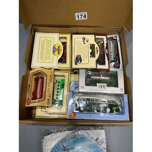 174 - Box assorted vintage collectable vehicles + coalport spitfire + Lancaster plates