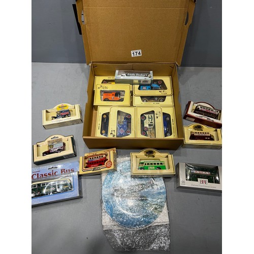 174 - Box assorted vintage collectable vehicles + coalport spitfire + Lancaster plates