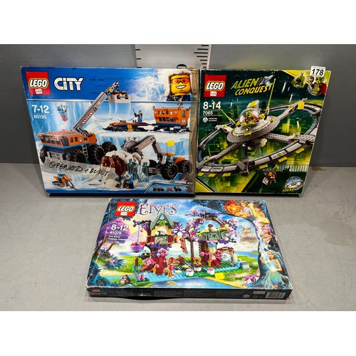 178 - 3 boxed Lego sets used complete Alien conquest, elves, Heros needed