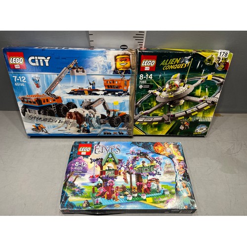 178 - 3 boxed Lego sets used complete Alien conquest, elves, Heros needed