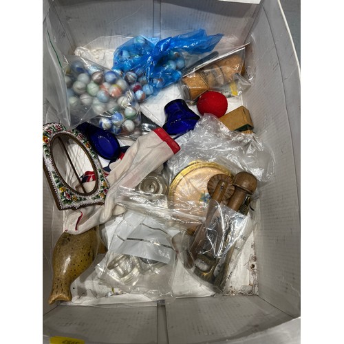 182 - Box misc collectables marbles, compact, sewing items, inkwells, badges etc