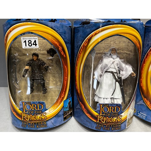 184 - 4 Lord of the Rings figures boxed. Frodo, King of Gondor, Sam Wise Gamgee, Gandolf the White