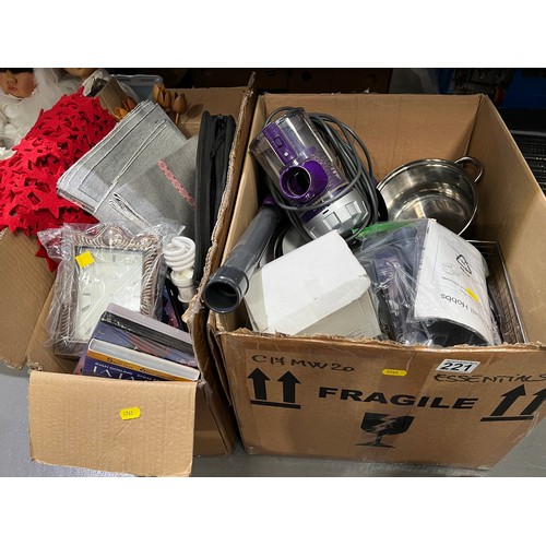 221 - Box of kitchenware + vaccum cleaner + box of misc