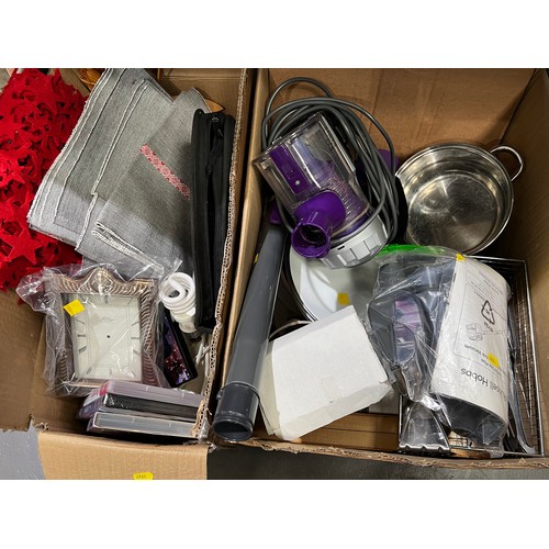 221 - Box of kitchenware + vaccum cleaner + box of misc