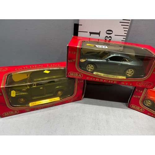 227 - 3 boxed Mira collectors cars. Porsche x 2 + truck