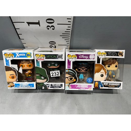 232 - 4 Funko Pop Vinyls. Disney, Fantastic Beasts, X-Men, DC Arrow