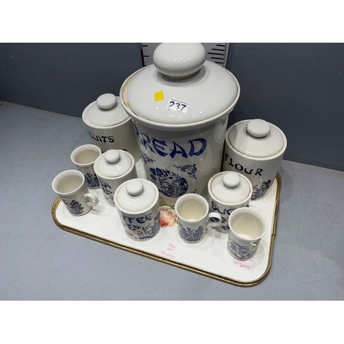 237 - Tray kitchen containers blue / white. Bread, Tea coffee sugar etc