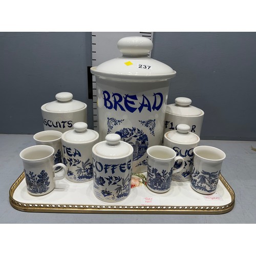 237 - Tray kitchen containers blue / white. Bread, Tea coffee sugar etc