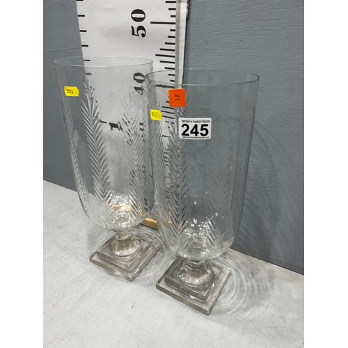 245 - Pair etched glass hurricane lamps