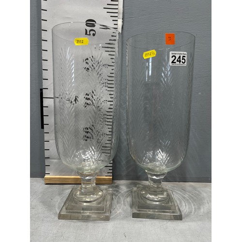 245 - Pair etched glass hurricane lamps