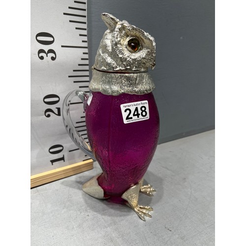 248 - Cranberry silver plated owl Claret jug