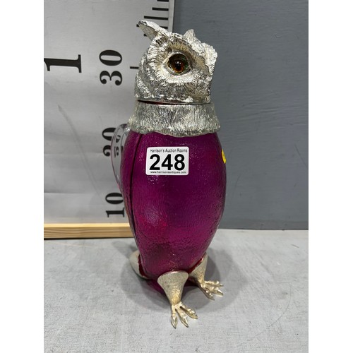 248 - Cranberry silver plated owl Claret jug