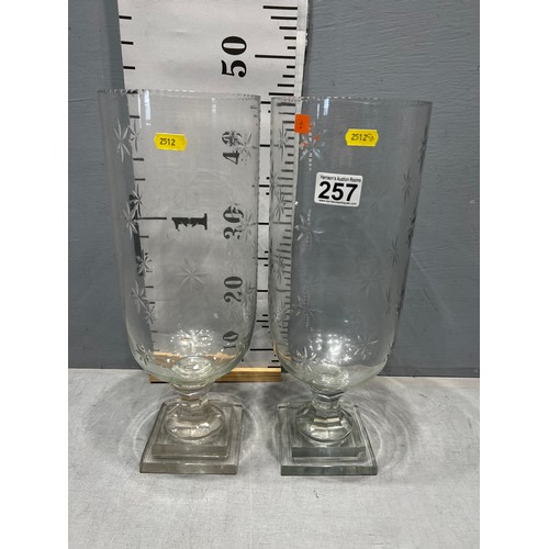 257 - Pair of Victorian design hurricane lamps with etched glass