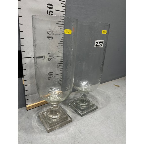 257 - Pair of Victorian design hurricane lamps with etched glass